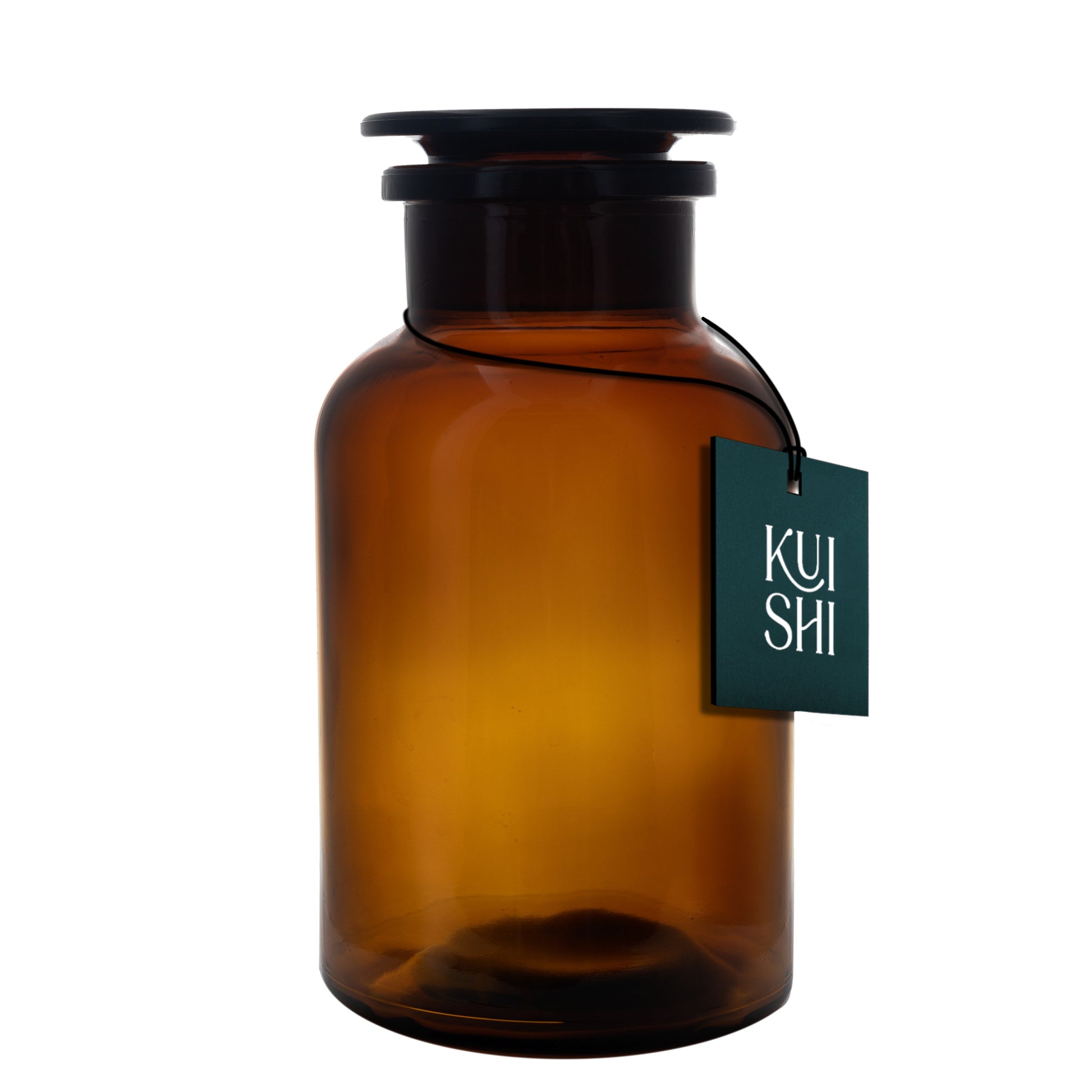 Amber glass apothecary jar for bathroom decor, 500ml size, with a lid, from Kuishi, showcasing vintage-inspired storage and style.