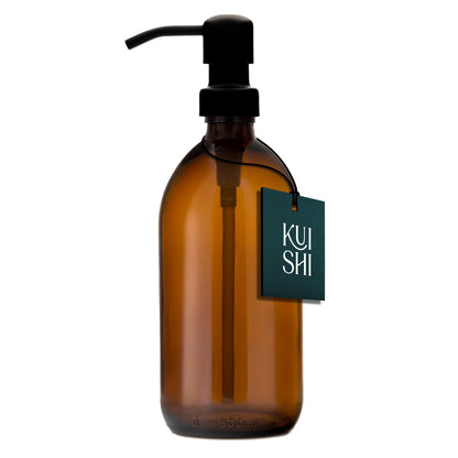 Amber glass soap dispenser with stainless steel pump, 500ml capacity, by Kuishi, featuring a sleek black steel pump.