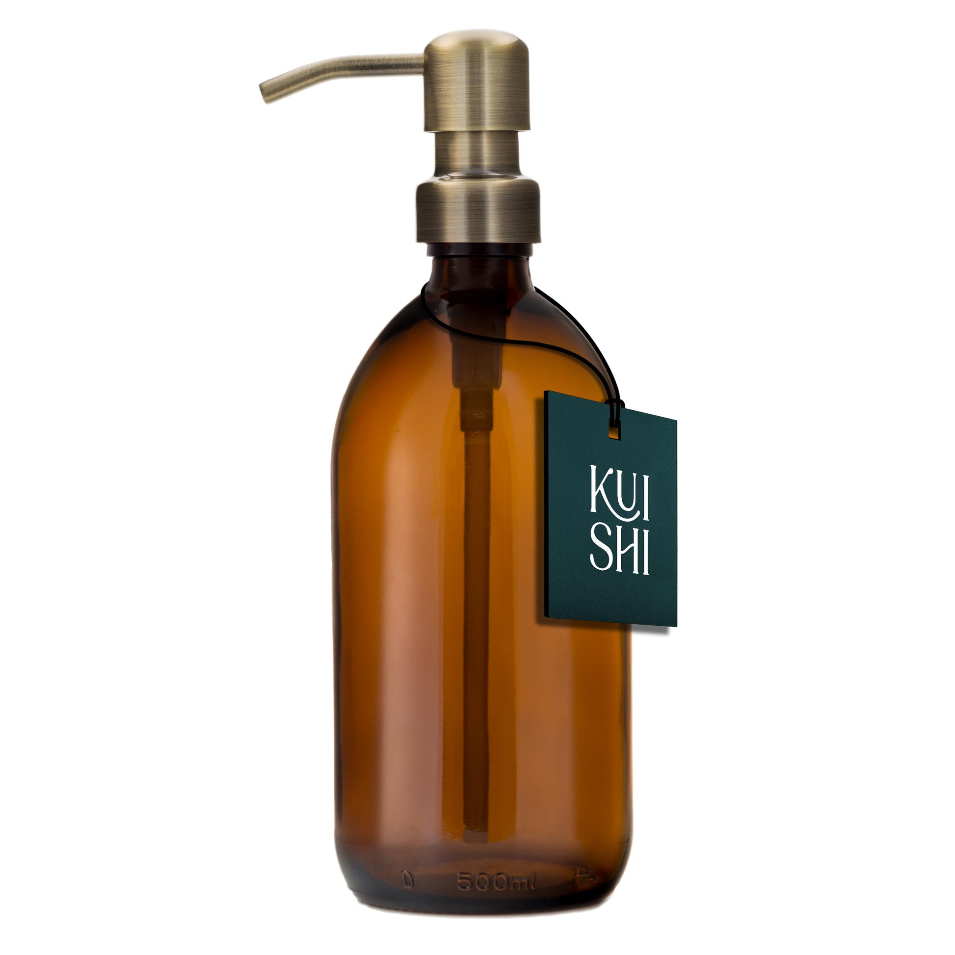 Amber glass soap dispenser with stainless steel pump, 500ml capacity, by Kuishi, featuring a sleek gold-toned steel pump.