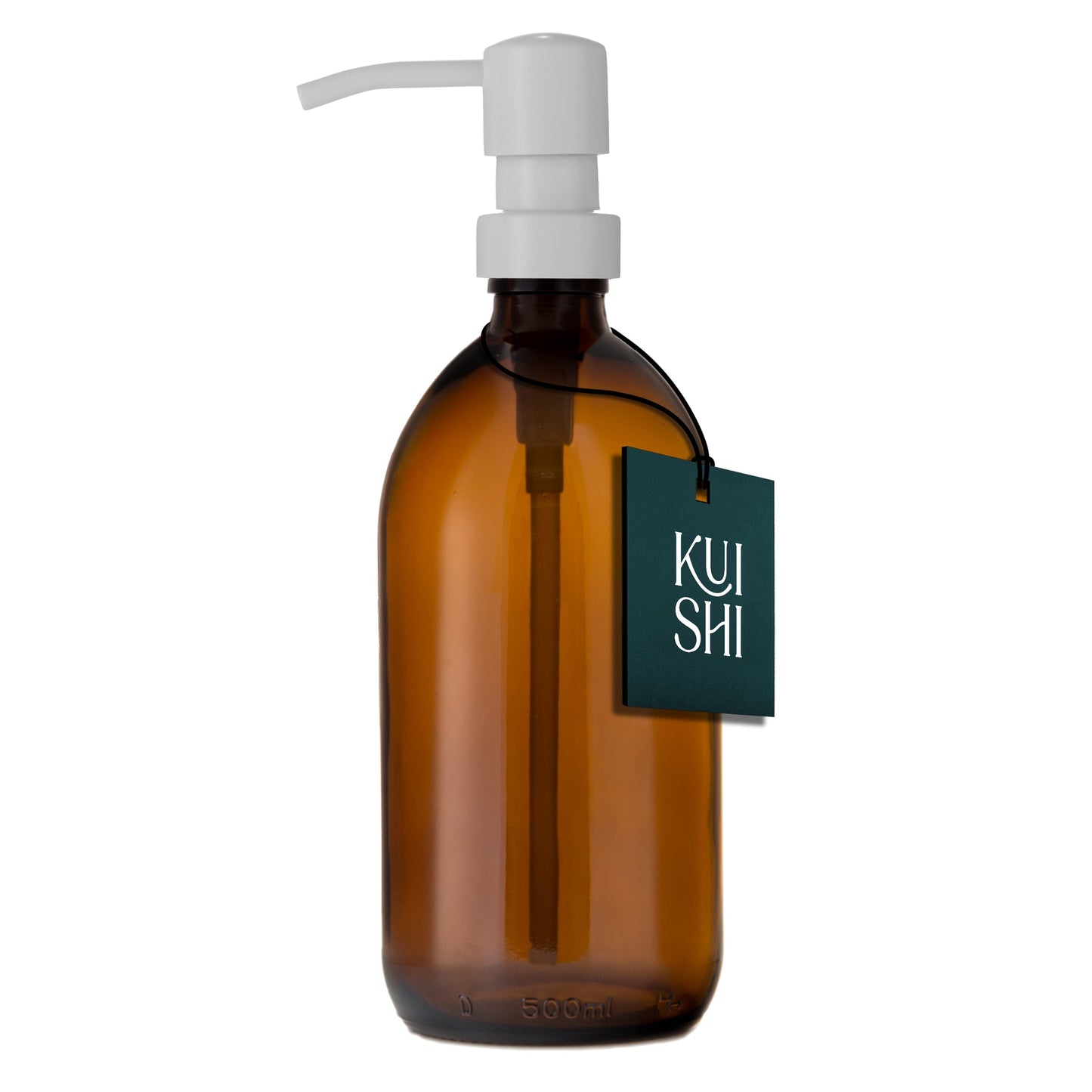 Amber glass soap dispenser with stainless steel pump, 500ml capacity, by Kuishi, featuring a sleek and modern design.