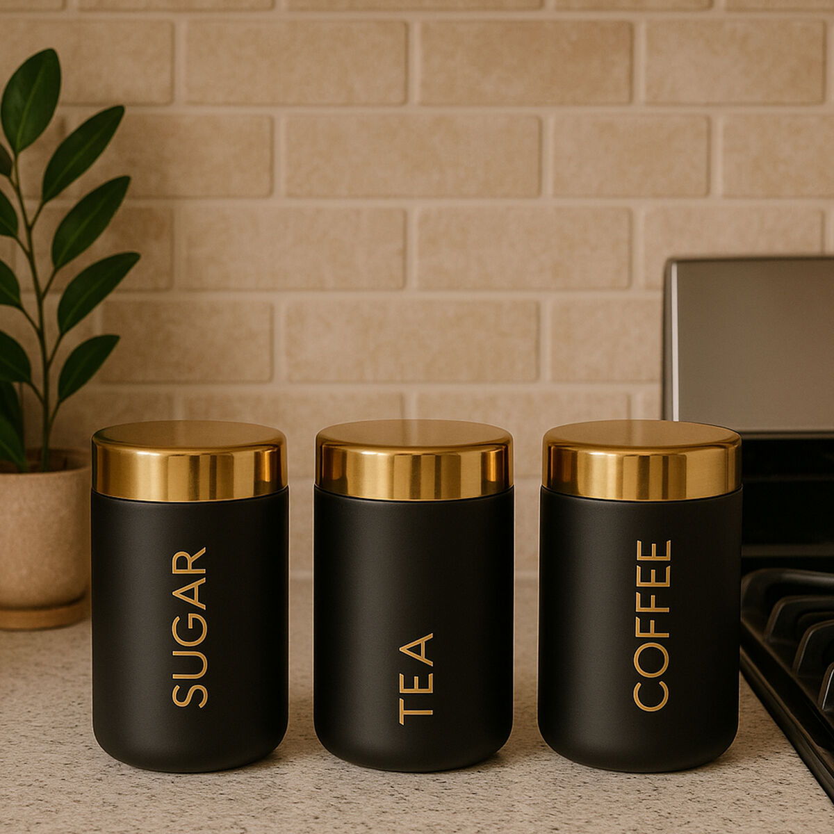 Liberty Black Enamel Tea, Coffee & Sugar Canister Set | 3 Piece Kitchen Storage Set