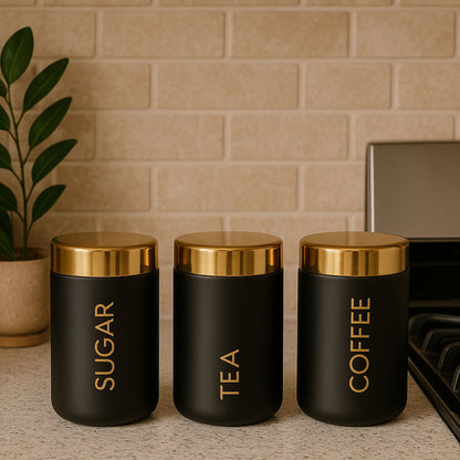 Liberty Black Enamel Tea, Coffee & Sugar Canister Set | 3 Piece Kitchen Storage Set