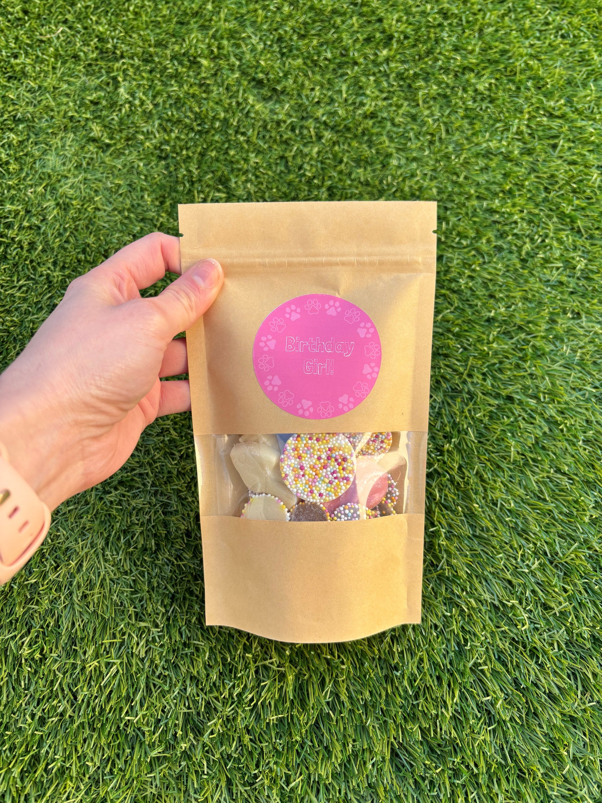 Happy Barkday Treat Pick n Mix chocolate treats for dogs by The Bonnie Hound, 150g package with assorted dog-friendly chocolates.