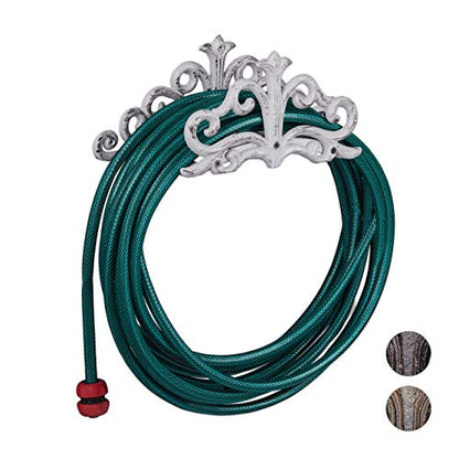 White antique-style cast iron wall-mount hose reel for garden shed storage, 15x36x15 cm, durable and decorative.