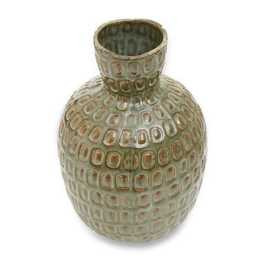 Large green textured ceramic vase by Orsina, ideal for decorative display, with a glossy finish and modern shape.
