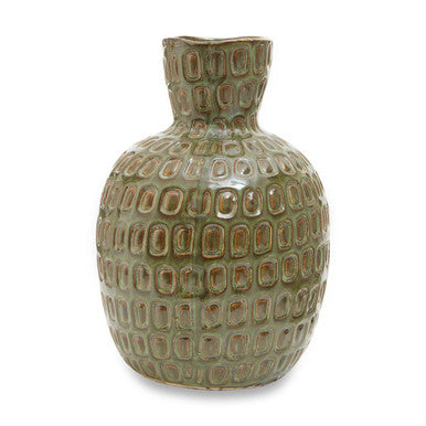 Large green textured ceramic vase by Orsina, with a rounded body and artistic surface detail, suitable for decorative display.