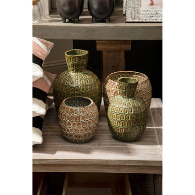 Large green textured ceramic vase by Orsina, featuring a wide opening and decorative surface, suitable for floral arrangements.