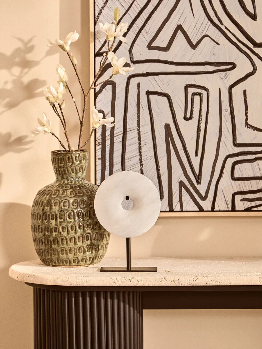 Large green textured ceramic vase by Orsina with a modern design, featuring a wide opening and intricate surface details.