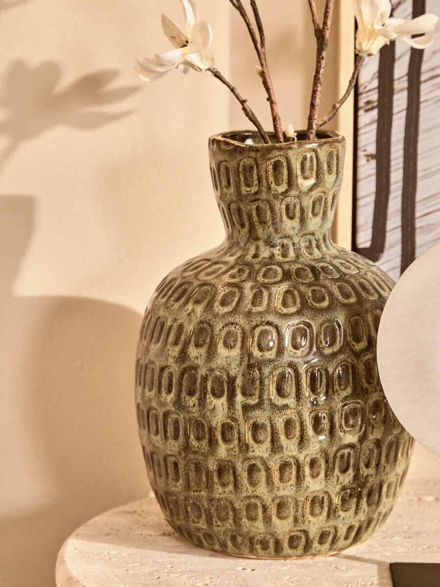Large green textured ceramic vase by Orsina, featuring a wide opening and decorative surface, perfect for home decor.