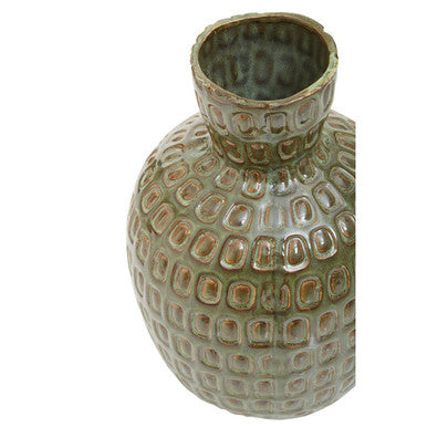 Large green textured ceramic vase by Orsina, featuring a rounded shape and decorative surface, perfect for modern home decor.
