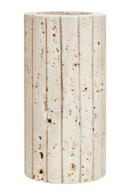 Orsina Tibor Travertine ribbed vase with a textured, beige finish, ideal for decorative floral arrangements.