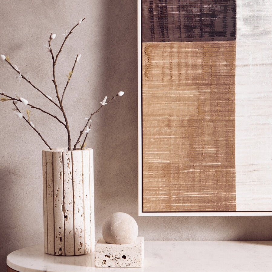 Orsina Tibor Travertine Ribbed Vase with textured surface, decorative ceramic piece for modern home decor.