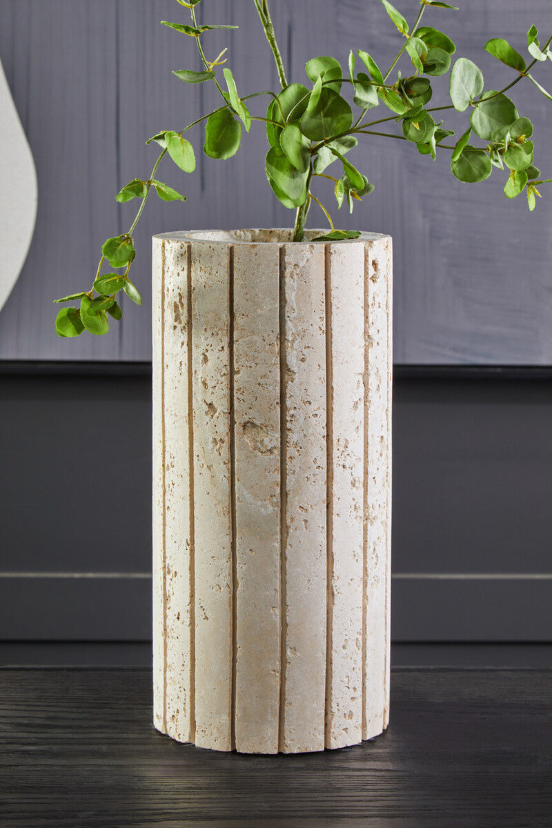 Orsina Tibor Travertine Ribbed Vase with textured surface, decorative ceramic vessel for floral arrangements.