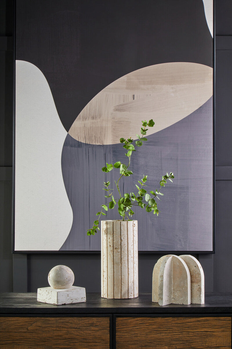 Orsina Tibor Travertine Ribbed Vase with textured, natural stone finish, suitable for decorative display or floral arrangements.