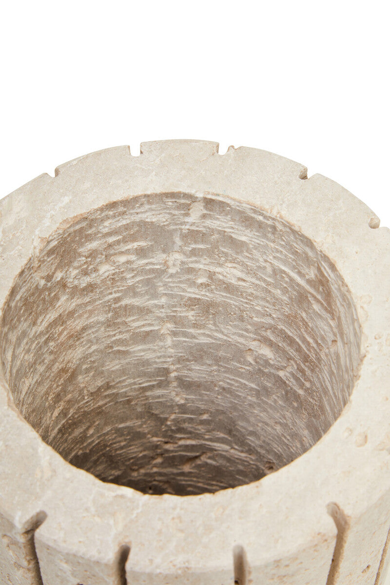 Orsina Tibor Travertine Ribbed Vase with textured, natural stone finish and elegant shape, perfect for decorative display.