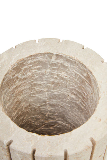 Orsina Tibor Travertine Ribbed Vase with textured, natural stone finish and elegant shape, perfect for decorative display.