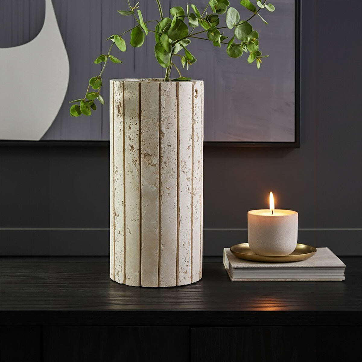 Orsina Tibor Travertine Ribbed Vase with textured surface, decorative ceramic design, ideal for home decor.