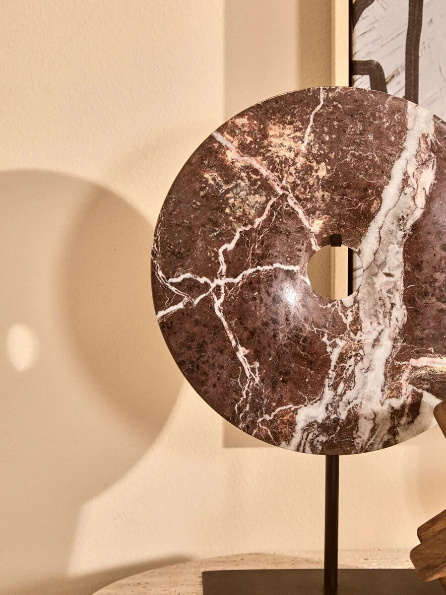 Orsina Salmo Medium Red Marble round 25cm disc sculpture, smooth polished stone art piece in red marble, decorative sculpture for display