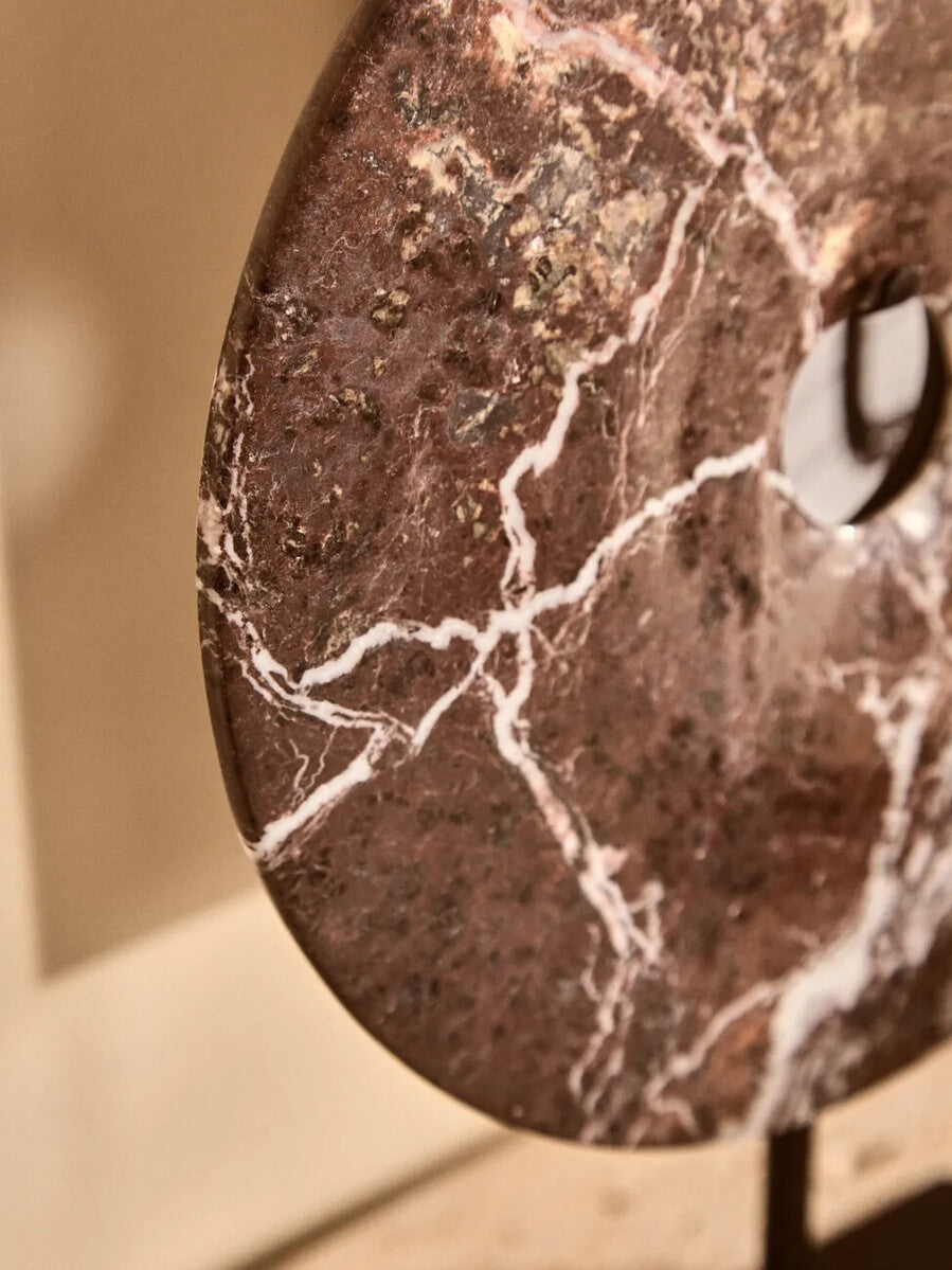 Salmo Medium Red Marble Round 25cm Disc Sculpture by Orsina, decorative marble art piece with smooth polished surface.