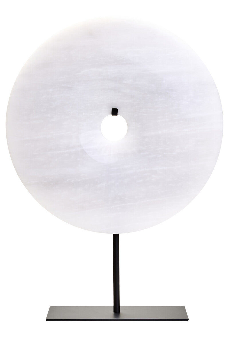 Grey marble disc sculpture by Orsina, medium round design with 25cm diameter, decorative sculpture for interior decor.