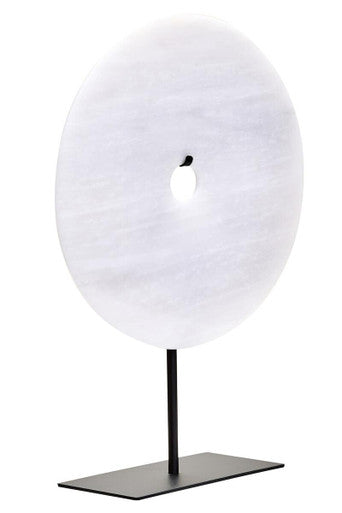 Large grey marble disc sculpture by Orsina, round 30cm diameter, decorative sculpture for modern interior decor.