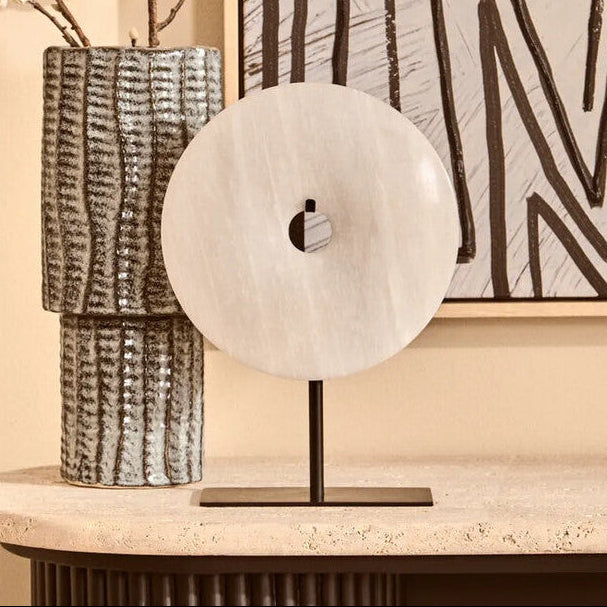 Large grey marble round disc sculpture by Orsina, 30cm diameter, artistic decorative piece for sculptures and ornaments.