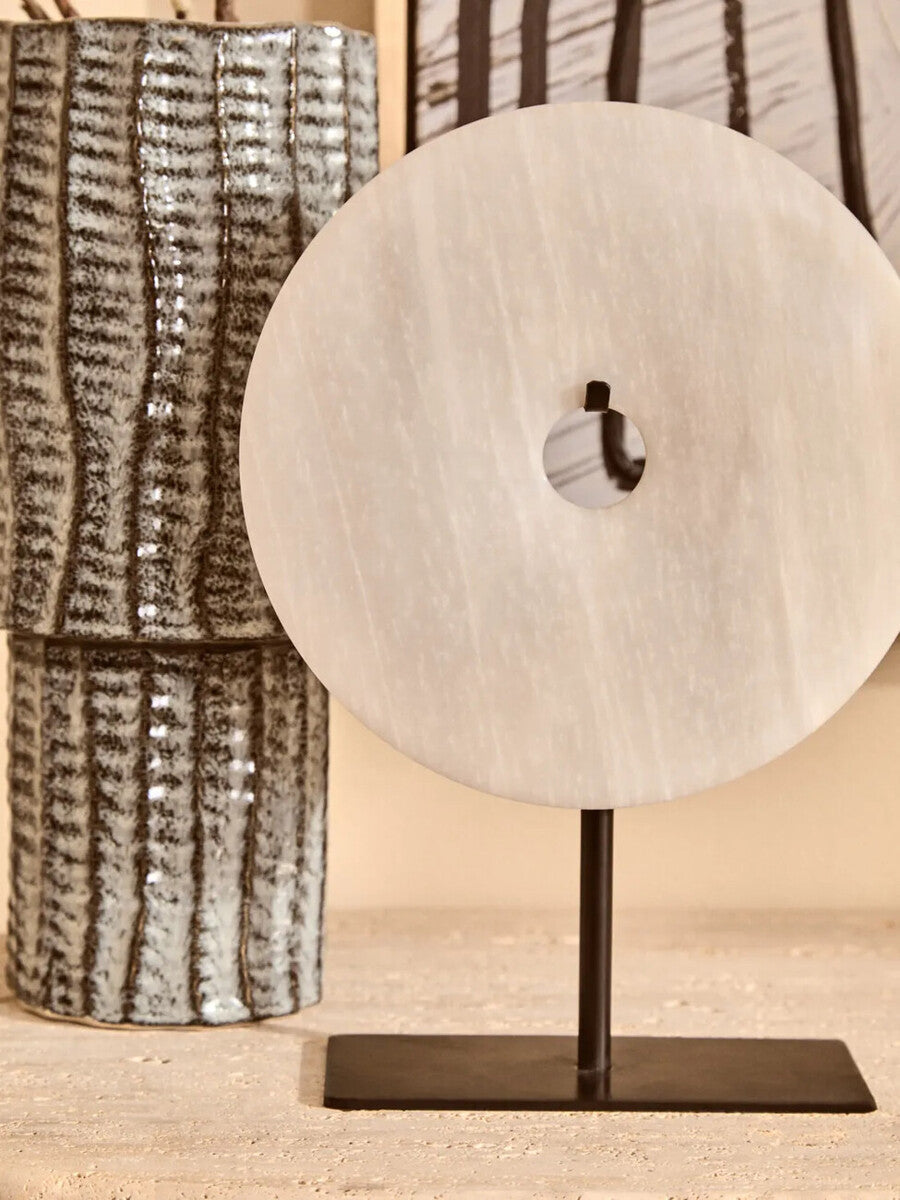 Large grey marble disc sculpture by Orsina, 30cm round decorative art piece for interior decor or sculptures and ornaments collection.