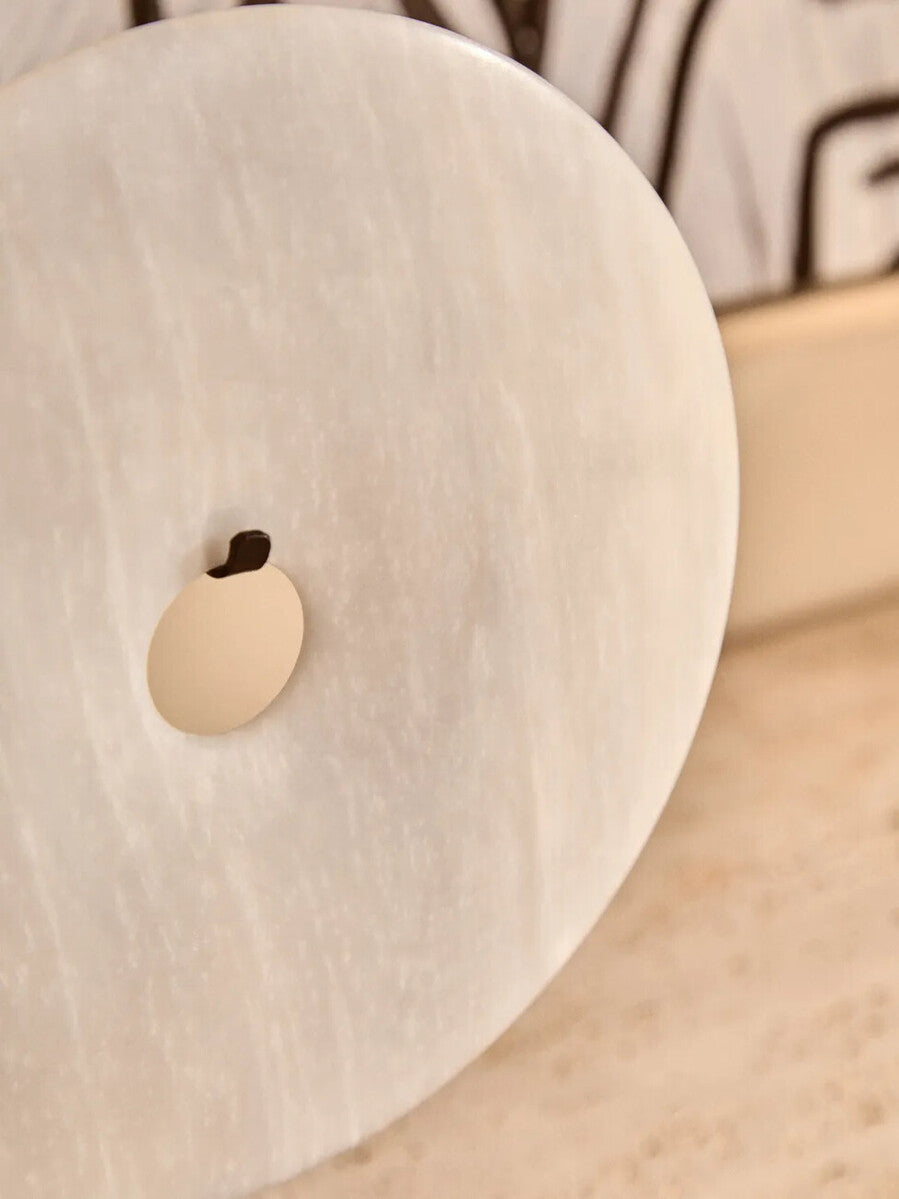 Large grey marble disc sculpture by Orsina, 30cm round decorative art piece from sculptures and ornaments collection.