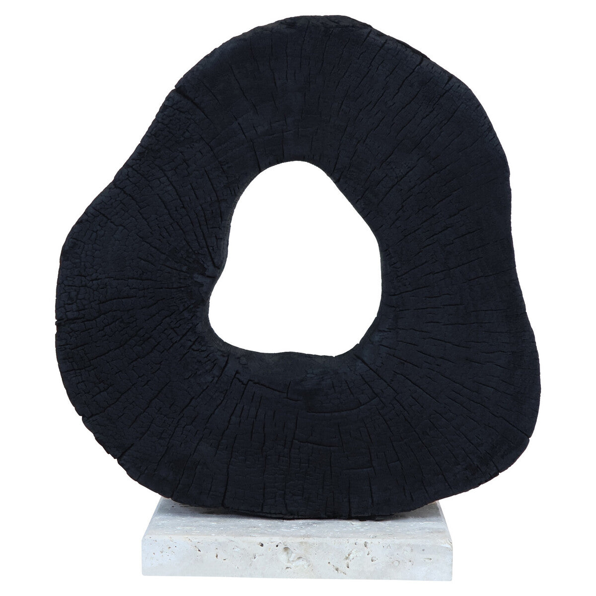 Orsina Tibor black mango wood sculpture with travertine base, modern art piece showcasing natural wood and stone materials.