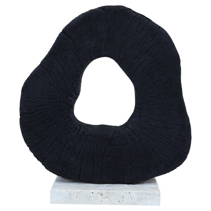 Orsina Tibor black mango wood sculpture with travertine base, modern art piece showcasing natural wood and stone materials.