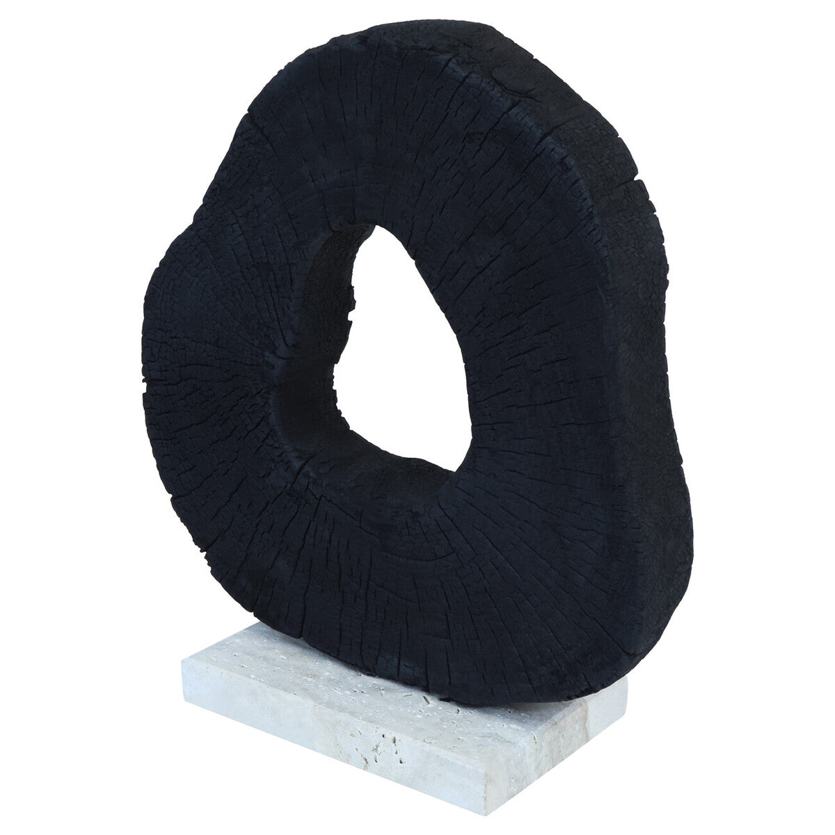 Orsina Tibor black mango wood sculpture with travertine base, modern art piece for home decor.
