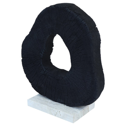 Orsina Tibor black mango wood sculpture with travertine base, modern art piece for home decor.