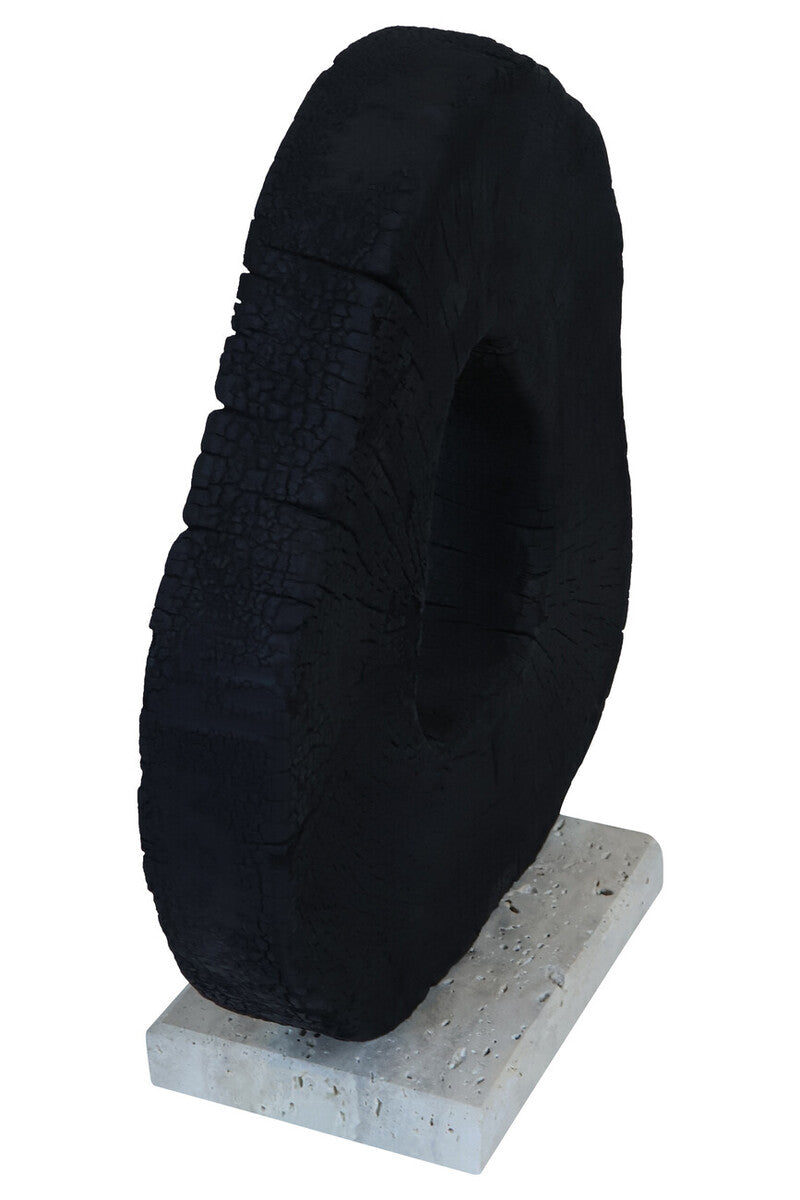 Orsina Tibor black mango wood sculpture with travertine base, modern decorative art piece with smooth, natural wood and stone finish.