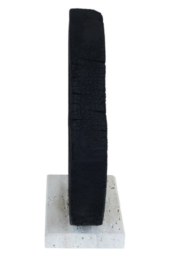 Orsina Tibor black mango wood sculpture with travertine base, modern decorative piece for home or office decor.