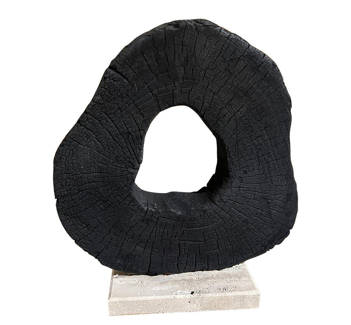 Orsina Tibor black mango wood sculpture with travertine base, modern art ornament, detailed wooden and stone craftsmanship.