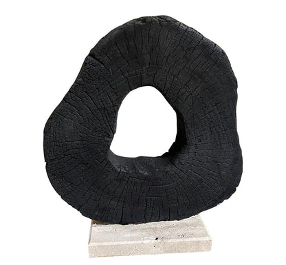 Orsina Tibor black mango wood sculpture with travertine base, modern art ornament, detailed wooden and stone craftsmanship.