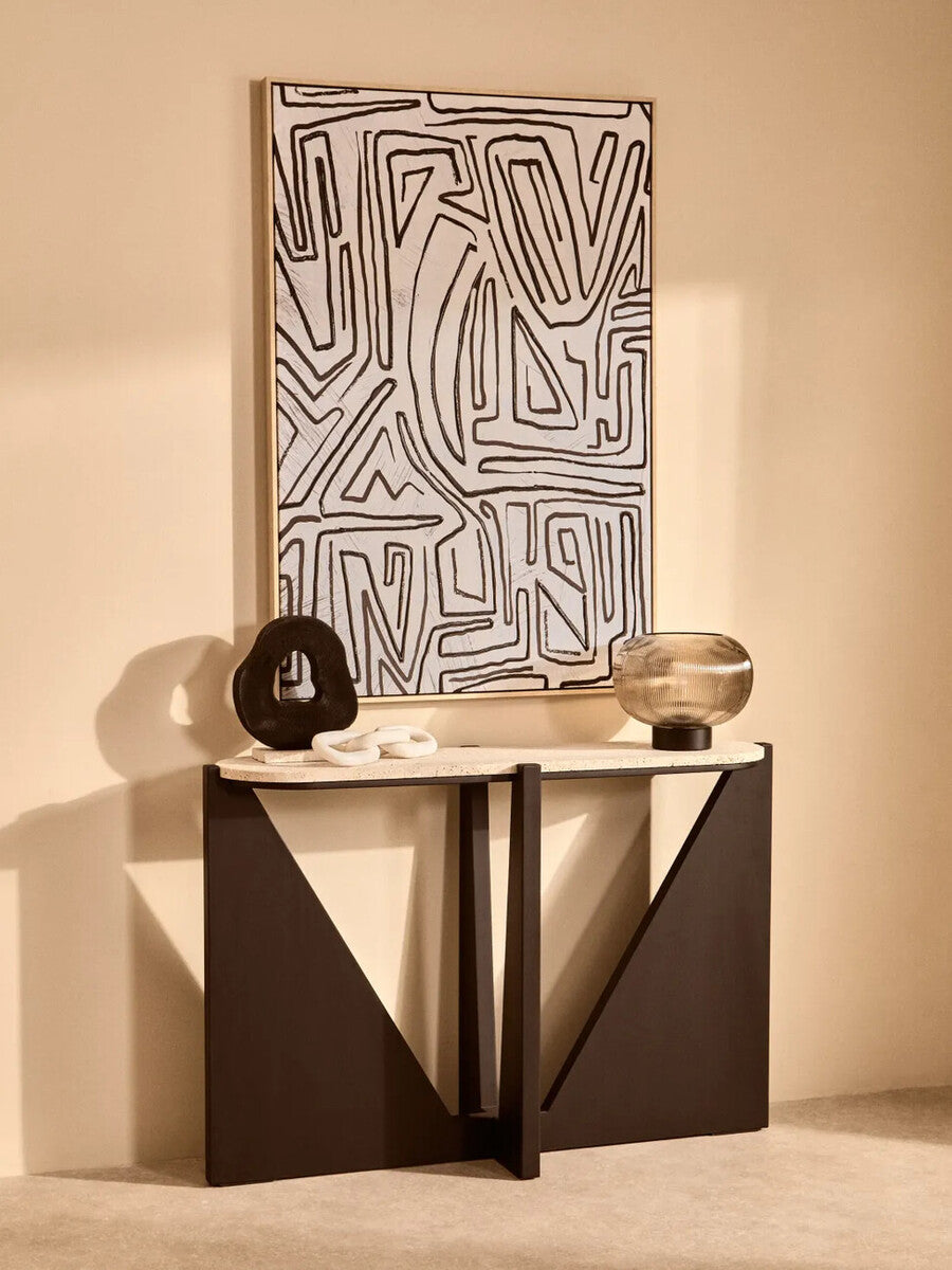 Orsina Tibor black mango wood sculpture with travertine base, modern decorative art piece for stylish interior decor.
