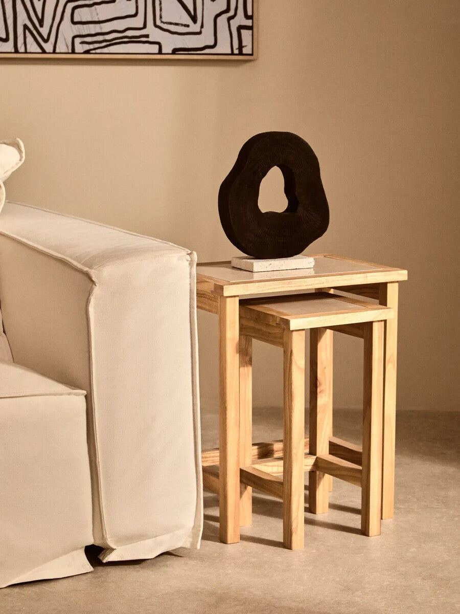 Orsina Tibor black mango wood sculpture with travertine base, modern decorative art piece, detailed wood grain and smooth stone finish.