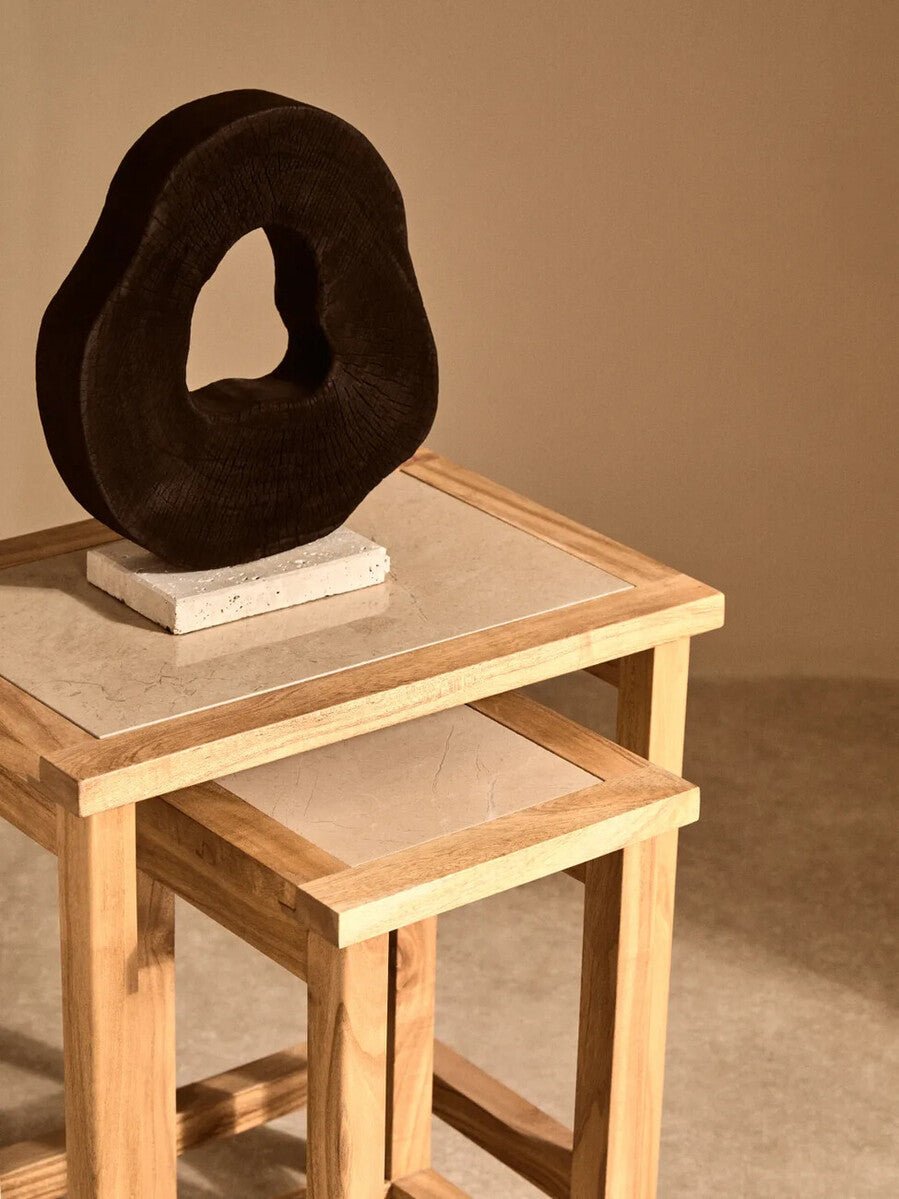 Orsina Tibor black mango wood sculpture with travertine base, modern decorative art piece for home decor.