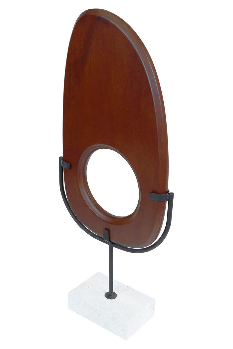 Westo natural wood vertical sculpture with travertine base by Orsina, modern art piece with organic wood finish and sleek stone base