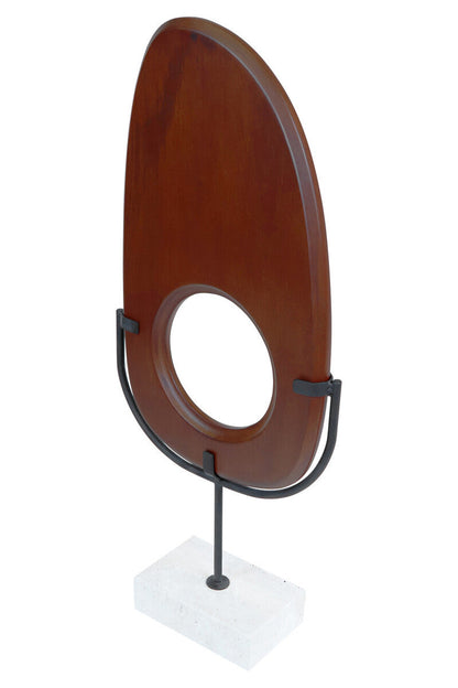 Westo natural wood vertical sculpture with travertine base by Orsina, modern art piece with organic wood finish and sleek stone base