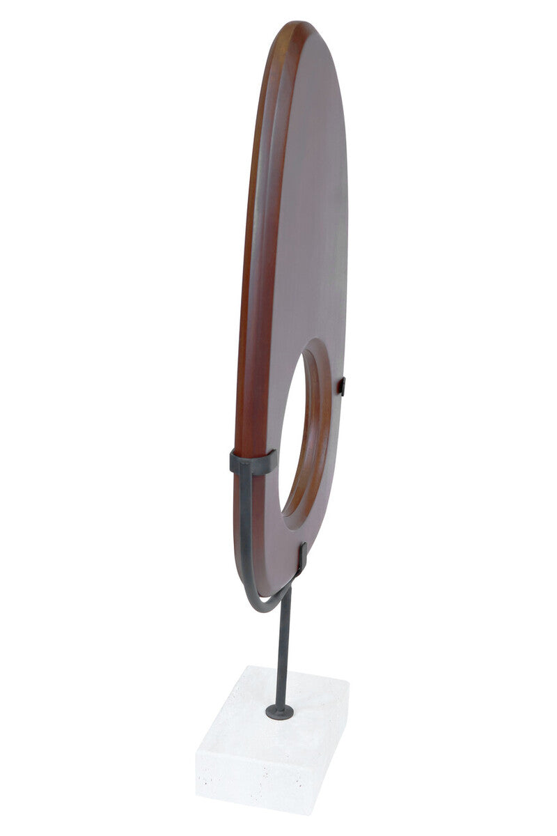 Vertical wood sculpture with travertine base by Orsina, featuring sleek natural wood and elegant stone accents.