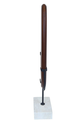Westo natural wood vertical sculpture with travertine base, modern art piece by Orsina, showcasing sleek wooden design and stone foundation.