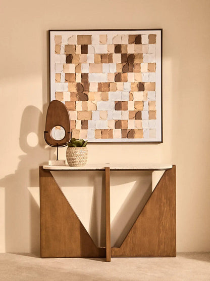 Westo natural wood vertical sculpture with travertine base, modern decorative art piece by Orsina in a stylish indoor setting.
