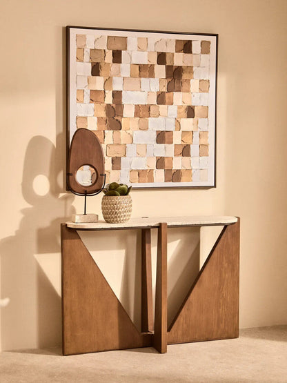 Westo natural wood vertical sculpture with travertine base by Orsina, featuring sleek, modern design in a close-up view.