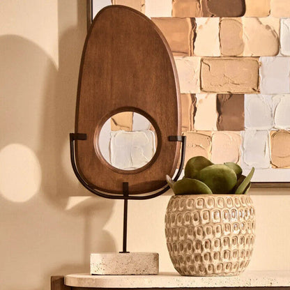 Westo natural wood vertical sculpture with travertine base by Orsina, showcasing sleek modern design and textured wood finish.