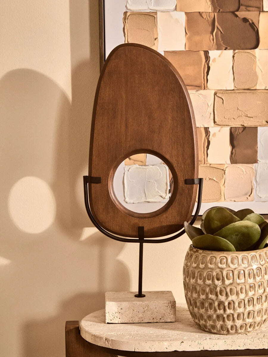 Westo natural wood vertical sculpture with travertine base by Orsina, modern wooden art piece for contemporary decor.