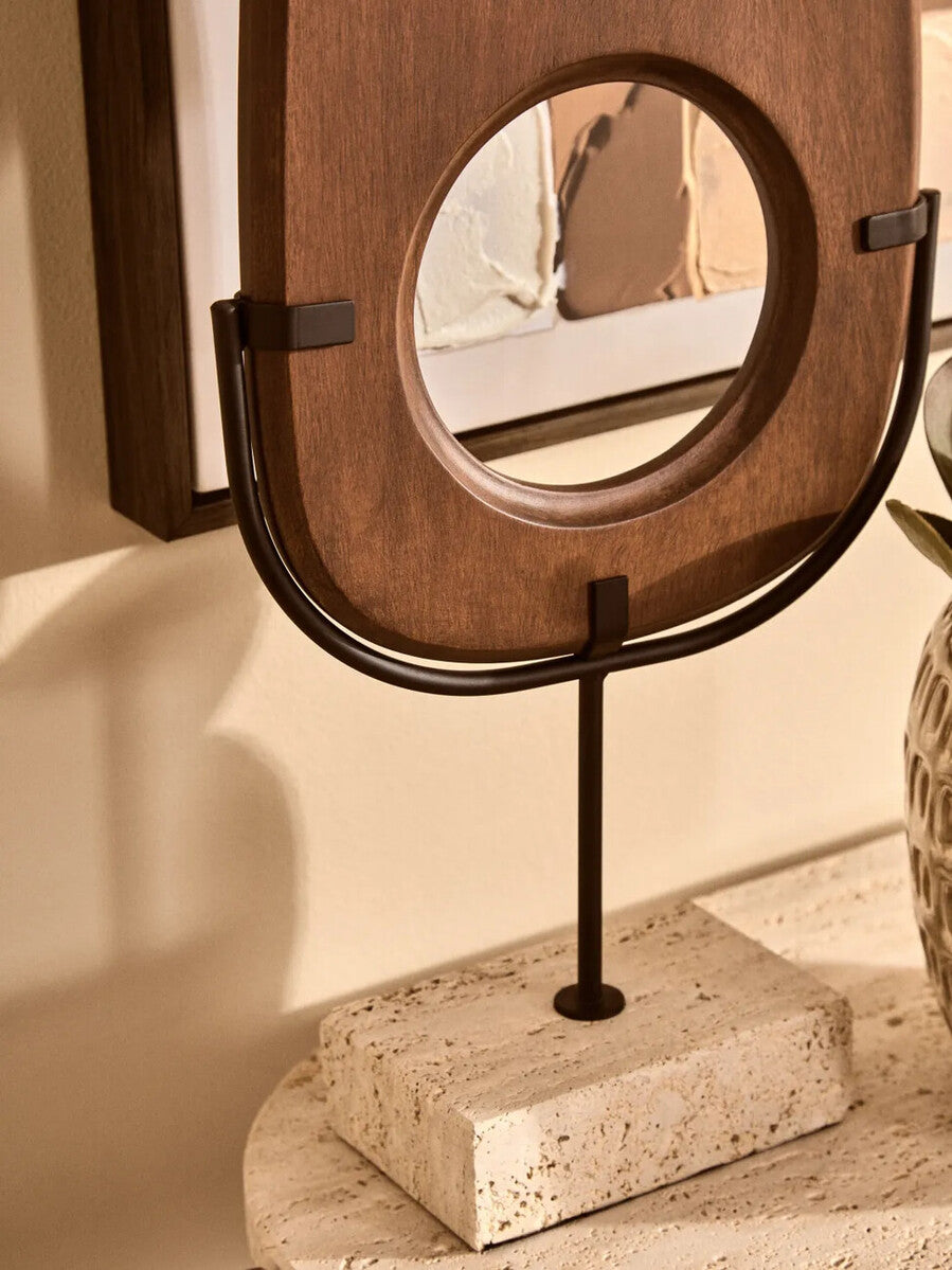 Westo natural wood vertical sculpture with travertine base by Orsina, showcasing sleek modern design and artistic craftsmanship.