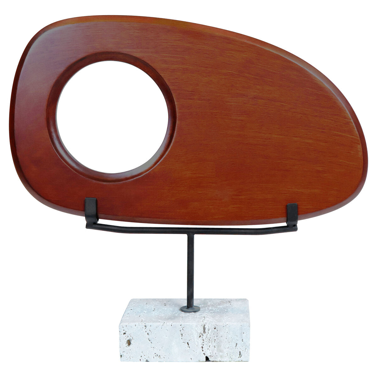 Westo natural wood horizontal sculpture with travertine base by Orsina, featuring smooth wooden slabs and a textured stone foundation.