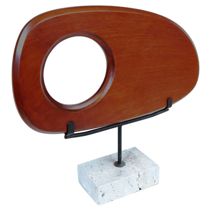 Westo natural wood horizontal sculpture with travertine base, modern decorative art piece by Orsina, showcasing smooth wooden and stone textures.